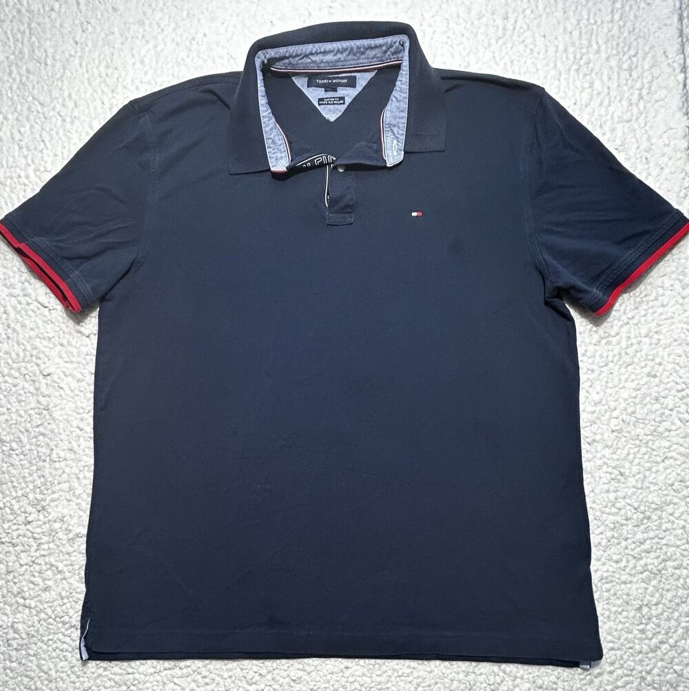 As-Is Tommy Hilfiger Men Custom Fit Short Sleeve Polo Shirt Navy Blue Cotton Xl